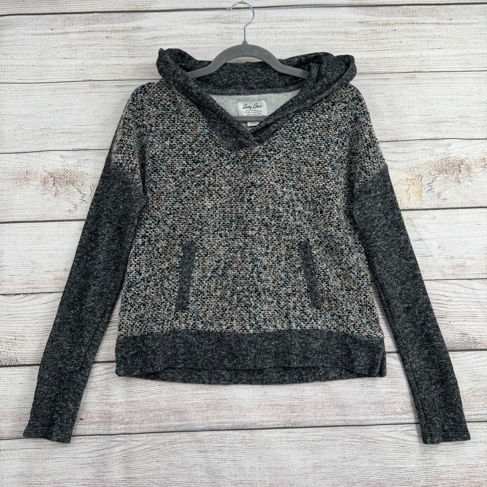 Lucky Brand Hoodie Women S Grey Multi Lucky Lotus Mixed Media Knit Pullover